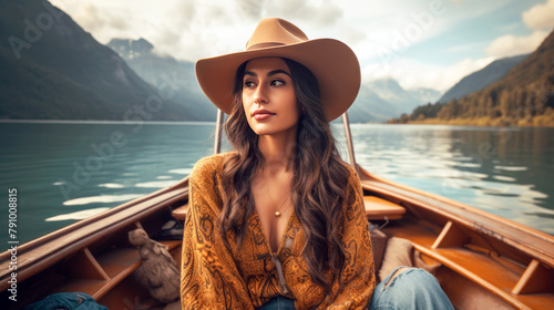young woman tourist on the boat at lake, embodying solitude and the beauty of nature © FutureStock
