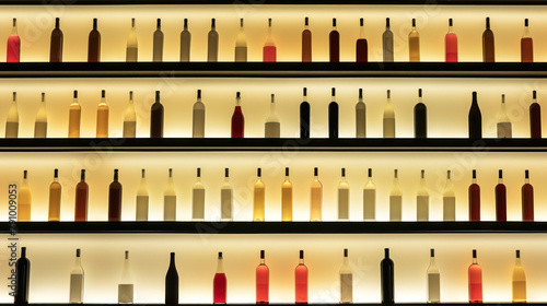 A lot of different alcohol bottles sitting on shelves in a bar, yellow back light © Kondor83