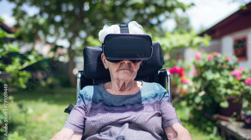 Old lady with virtual reality device