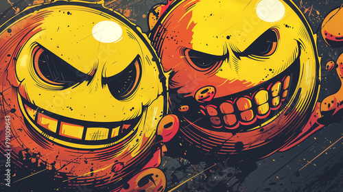 Two angry smiley face bowling balls or bombs in comic book style, dark and gritty, with bold lines and high contrast