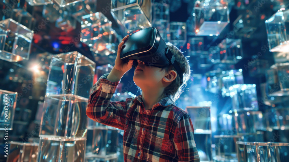 Small boy with virtual reality headset in abstract unreal space