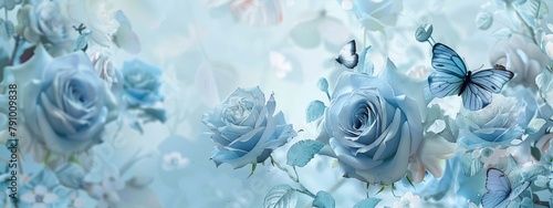 Light blue roses and butterflies on a pale blue background convey a sense of peace and tranquility, digital art, art deco, interior, romantic