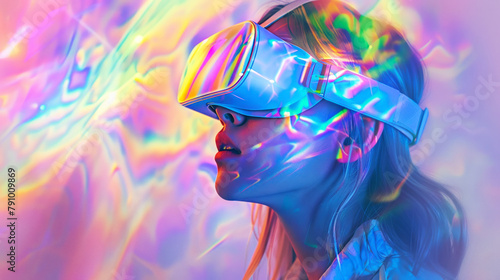 Young woman wearing virtual or augmented reality headset in abstract digital space