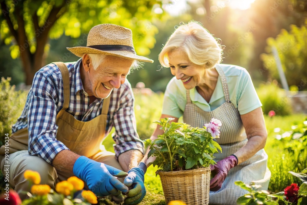Fototapeta premium A man and a woman are working together in a garden, planting a flower