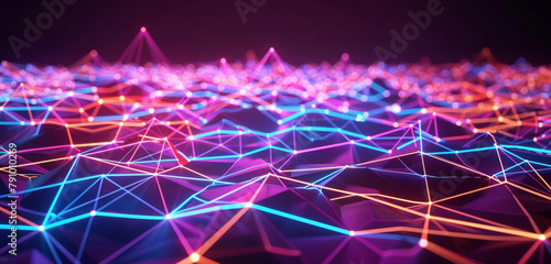 A glowing grid of neon lines and low poly peaks, mapping the pathways of future information flow