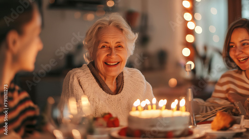 Happy elderly woman with her family at festive table with cake and candles celebrates her birthday