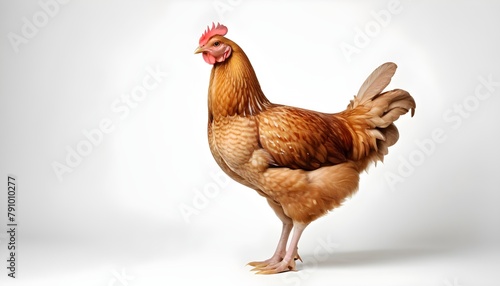 a full body of a brown chicken hen standing isolated white background photo
