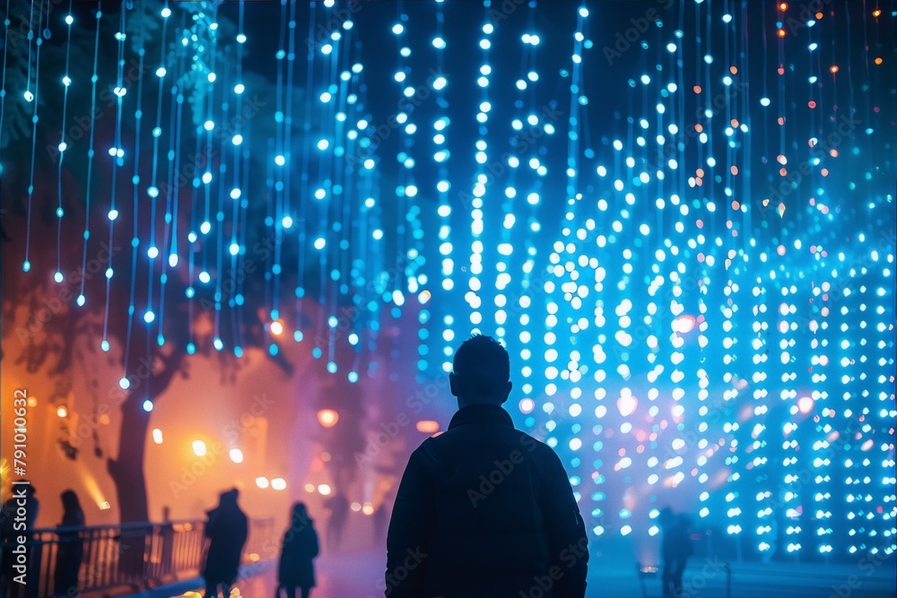 City lights at night in blue and orange colors, a man is watching them, street photography. City lights at night in blue and orange colors, a man is watching them, street photography.