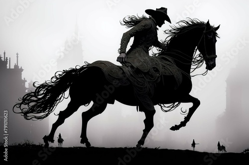 A man is riding a horse in a foggy  dark setting