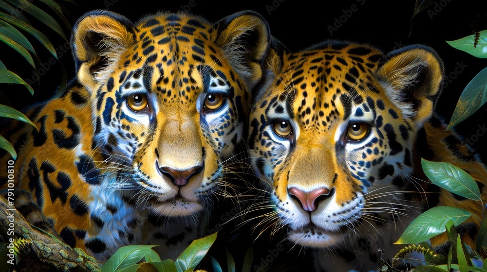Fototapeta premium A pair of jaguars in the jungle at night
