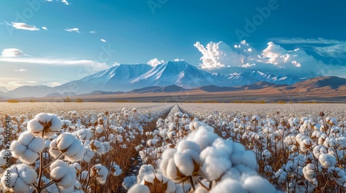 Cotton Field with Majestic Mountains in the Background. Generative ai