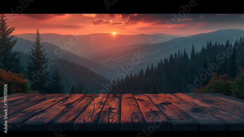 Sunset over a mountainous landscape with a wooden table in the foreground, creating a serene and picturesque scene. photo