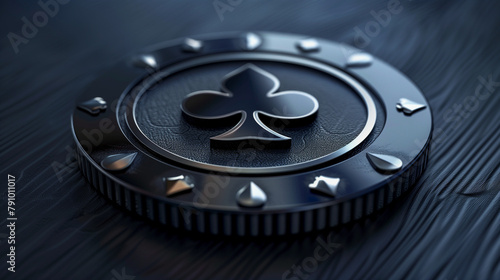 A close-up of a metallic poker chip with a club suit symbol, set against a textured dark background.