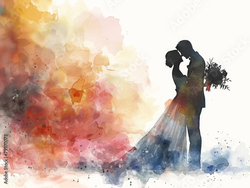 Delicato acquerello raffigurante una coppia abbracciata tra fiori in fiore, coppia di sposi, amore e matrimonio, spazio per testo sfondo bianco scontornabile photo