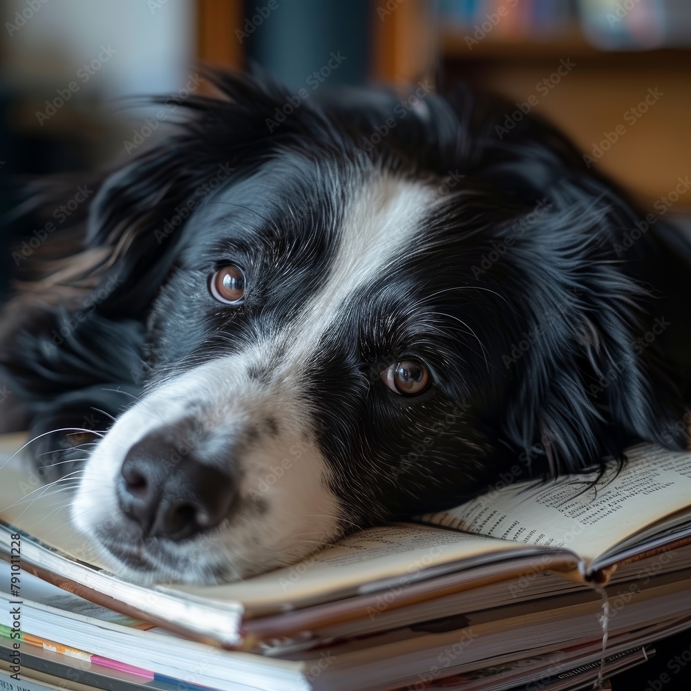 A black and white dog lays on top of a stack of books. The dog's eyes are closed, and it is resting. Concept of calm and relaxation, as the dog is comfortable