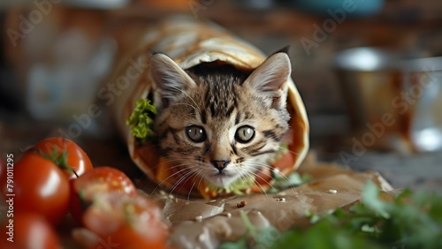 Playful digital art of a curious kitten peeking out of a burrito. Concept Pets, Food, Digital Art, Playful, Curiosity