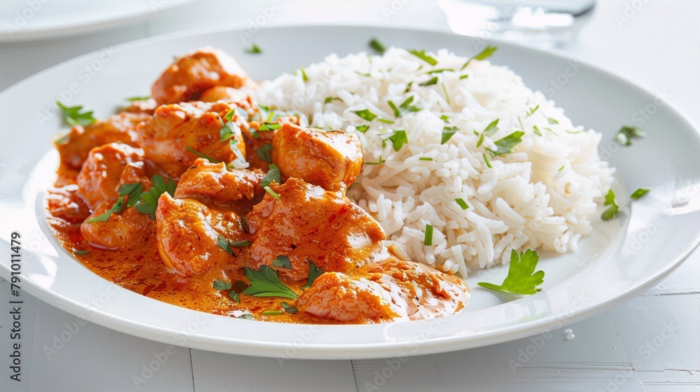 Chicken tikka masala with rice on a white plate, garnished with parsley