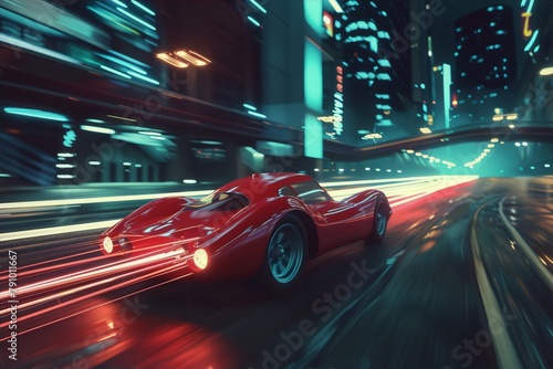 A red sports car speeds through a futuristic city at night, leaving a trail of light behind conveying a sense of speed and excitement.