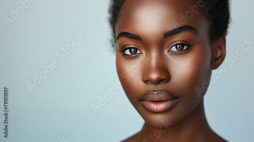 Close-up portrait of a young woman with flawless skin and natural makeup, looking directly at the camera.