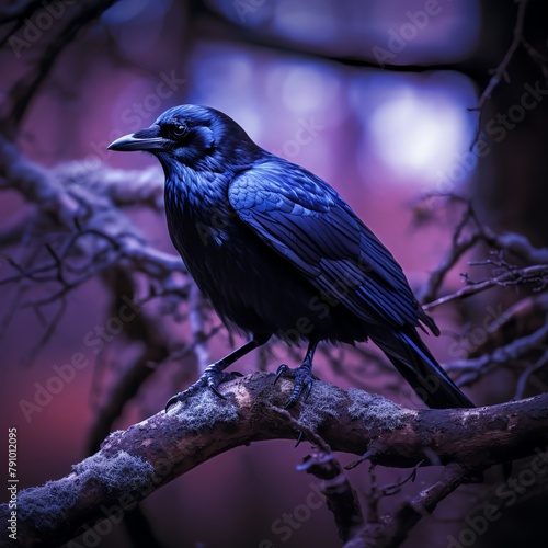 Shadowy raven perched on a gnarled tree branch at twilight, the background is a gradient of deep blues and purples, emphasizing the mysterious and mystical atmosphere