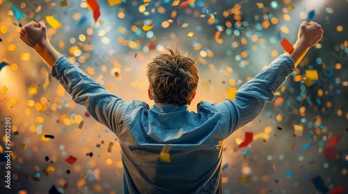 Man celebrating with arms raised amidst falling confetti and sparkling lights