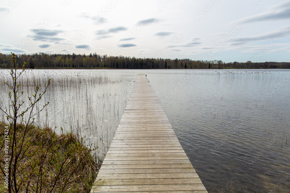 Wooden footbridge in Riebinu (Riebiņu) lake in April in spring in Latvia Wooden footbridge in Riebinu (Riebiņu) lake in April in spring in Latvia