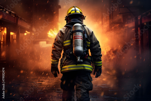 A firefighter in protective clothing is equipped with a breathing apparatus against smoke and flames in the vicinity of the fire. The theme for International Firefighters Day. photo