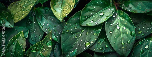 Close-up of lush green leaves with water droplets.