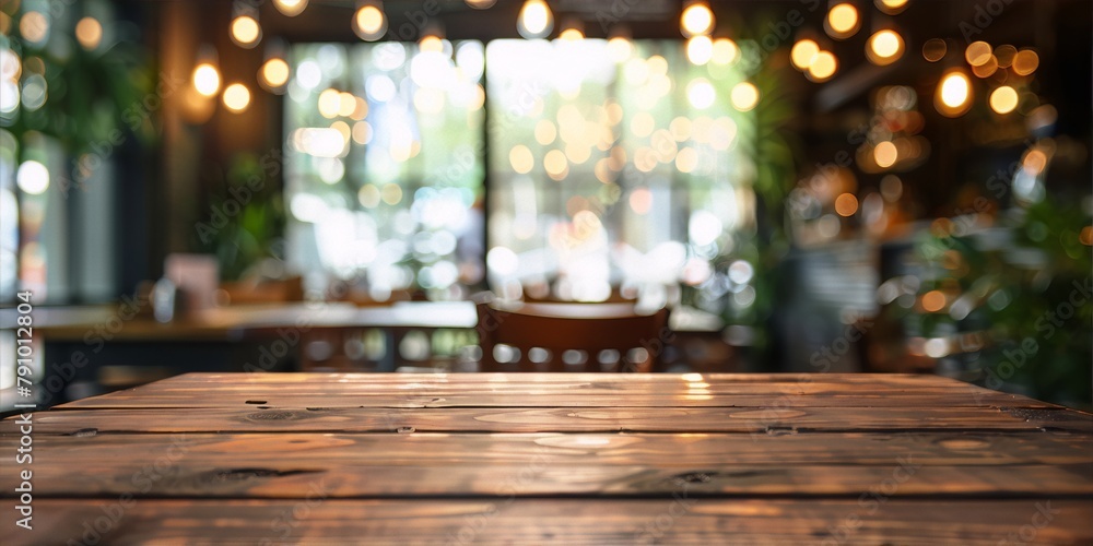 Rustic wooden table in a blurred restaurant interior with warm lighting Rustic wooden table in a blurred restaurant interior with warm lighting