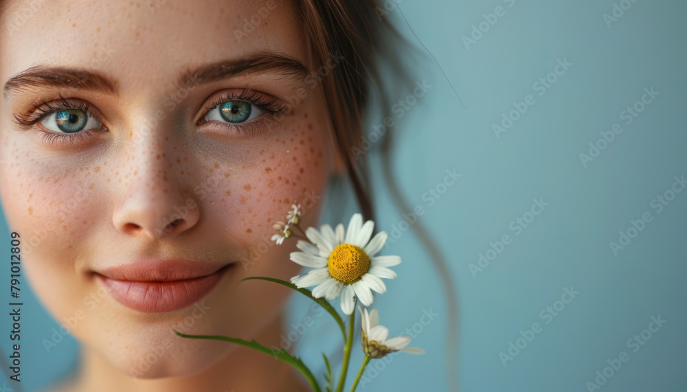 Beautiful girl with chamomile flower, natural cosmetics concept Beautiful girl with chamomile flower, natural cosmetics concept