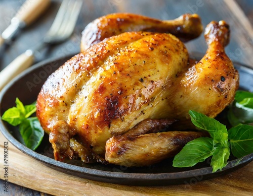 roasted chicken on a grill. Roast chicken with potatoes and side dishes, blazing fire. nice appetizing well cooked