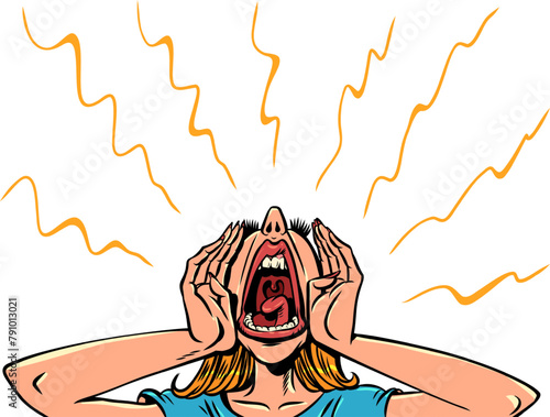The woman screams very loudly. Ask for help in critical situations. Psychological health problems.