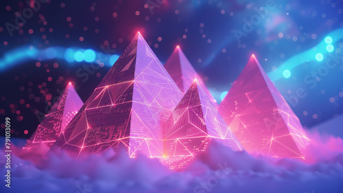Glowing low poly pyramids under a neon sky, representing the ancient future of networked civilizations