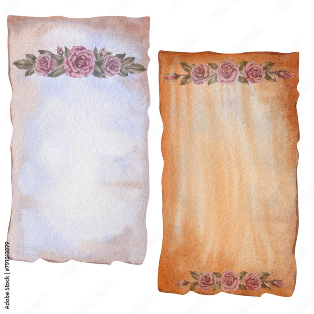 Two watercolor blank sheets of vintage parchment paper with a half ...