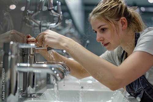 Female janitor carefully scrubbing and polishing chrome bathroom faucet at workplace photo
