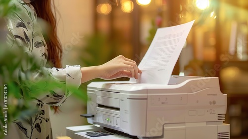 Office worker prints document or paper work on laser printer in office. Print technology concept.