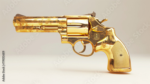 A highly polished golden revolver on a neutral background, showcasing intricate engravings and a luxurious appearance.