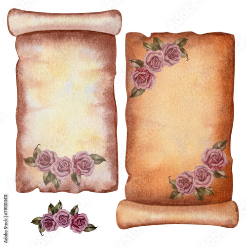 Two watercolor blank sheets of vintage parchment paper with a half erased image of antique Victorian roses for invitations, letters scrapbooking, antique shop labels, menus, backgrounds, book day card