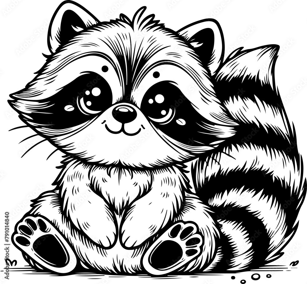 Raccoon black outline children coloring book illustration.
