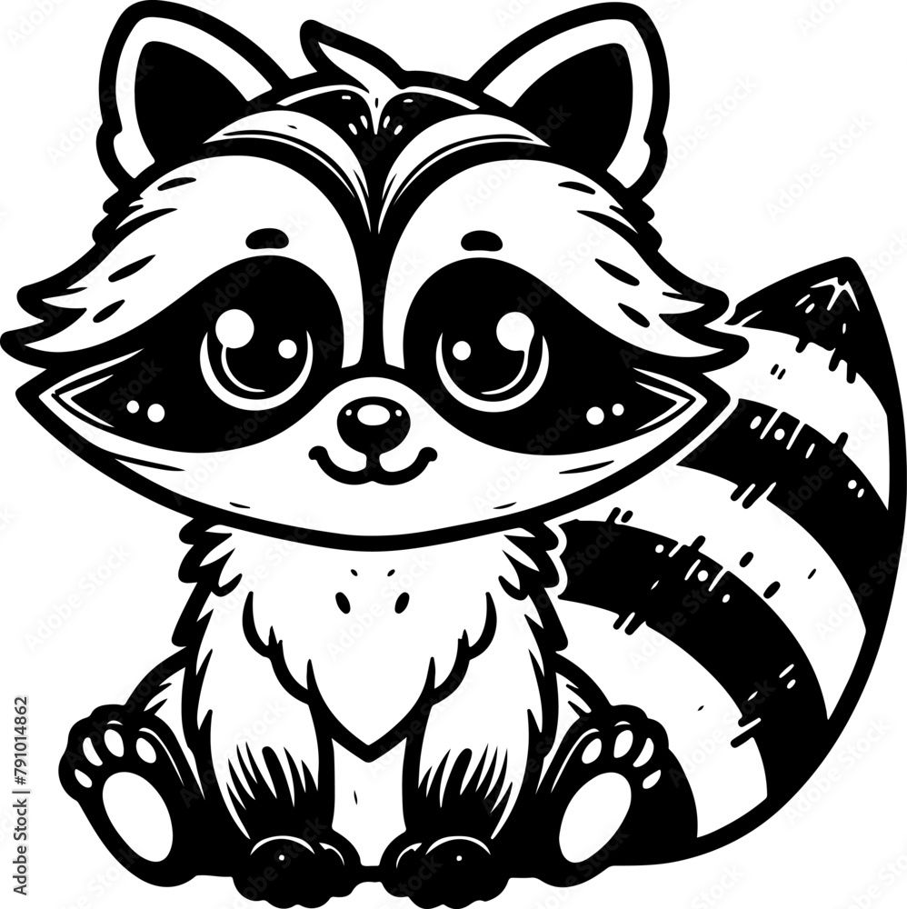 Obraz premium Raccoon black outline children coloring book illustration.