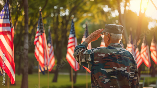 Portrait of American Senior Veteran in uniform saluting to American flags in sunset. Aged American soldier. photo