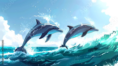 Two Joyful Dolphins Leaping over Crashing Ocean Waves. Digital Art Illustration of Marine Life. Vibrant Seascape Scene  Perfect for Ecology  Marine Biology and Nature Projects. AI