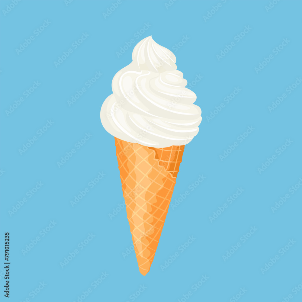 White ice cream in waffle cone isolated on blue background. Vector cartoon illustration of sweet dessert. White ice cream in waffle cone isolated on blue background. Vector cartoon illustration of sweet dessert.