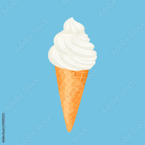 White ice cream in waffle cone isolated on blue background. Vector cartoon illustration of sweet dessert.