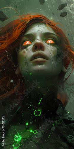 The cosmic horror concept features a ghostly woman with fiery red hair and piercing red eyes  her form intertwined with a sleek cybernetic body illuminated by eerie green neon accents.