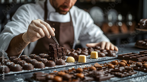 chocolatier making chocolates in a kitchen photo