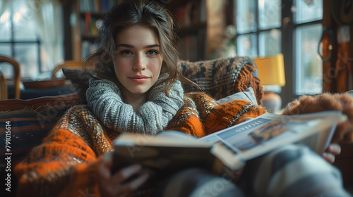 A close-up of a teenage girl reading a book or magazine in her home's reading room