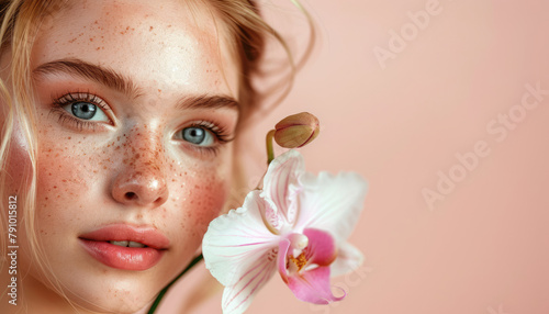 Beautiful girl with an orchid in her hair, natural organic skin care cosmetics