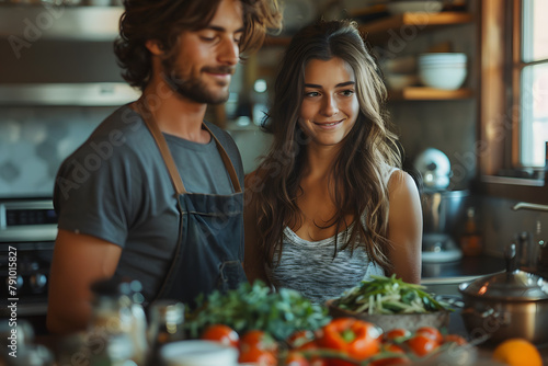 A family enjoys cooking together in a homely kitchen photo