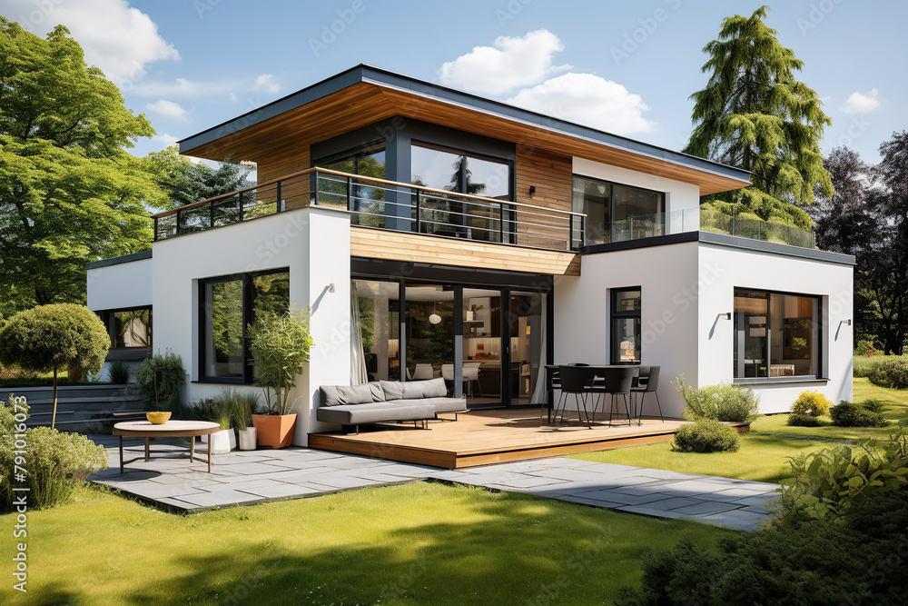 Exterior of modern luxury minimalist cubic private house, villa in forest. White walls decorated with timber wood cladding. Paved walkway in beautiful landscape design front yard.